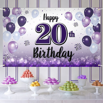 LASKYER Happy 20th Birthday Decorations,20th Purple Balloon Large Birthday Banner Backdrop Sign,Cheers to Twenty Years Old Bday 