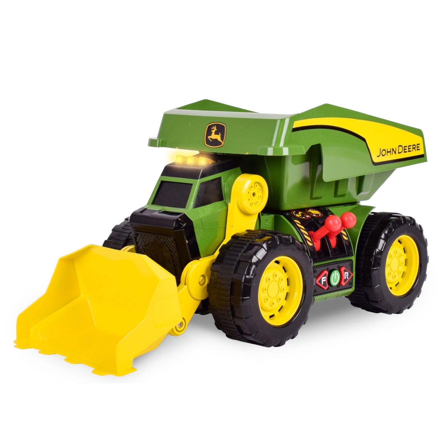 John Deere 18 2-N-1 Dig Rig Toy Dump Truck and Front Loader with Lights, Sound and Motor with Dual Joystick Controllers, Extra L
