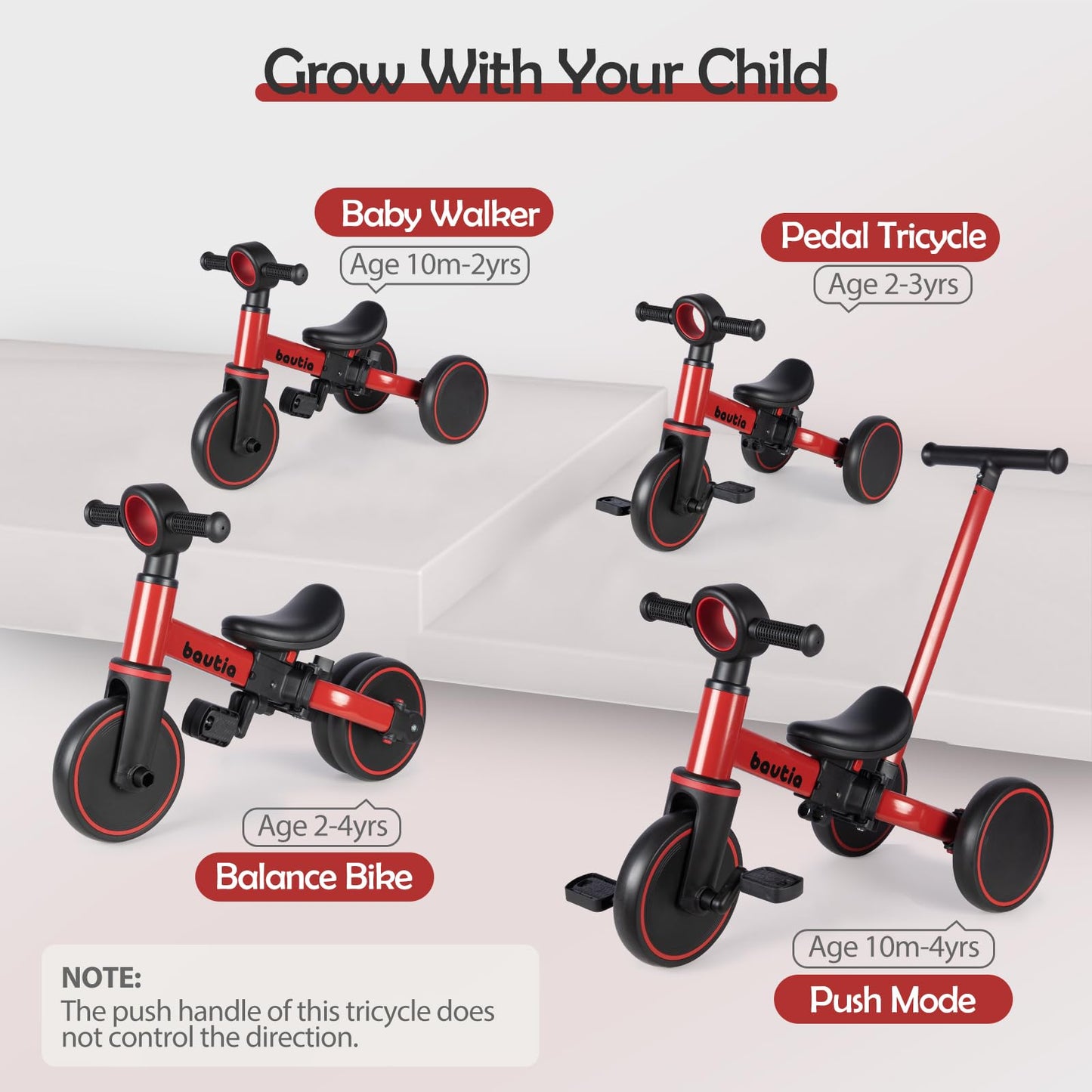 Bautia Kids Tricycle for Toddlers 1-3 with Push Handle, 5 in 1 Baby Balance Bike Toy for 1-4 Years Old Boys Girls Gift with Remo