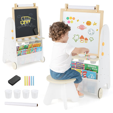 Costzon Easel for Kids, 4 in 1 Toddler Activity Table & Stool w/Magnetic Whiteboard, Chalk Board, Paper Roll, Art Supplies, Larg