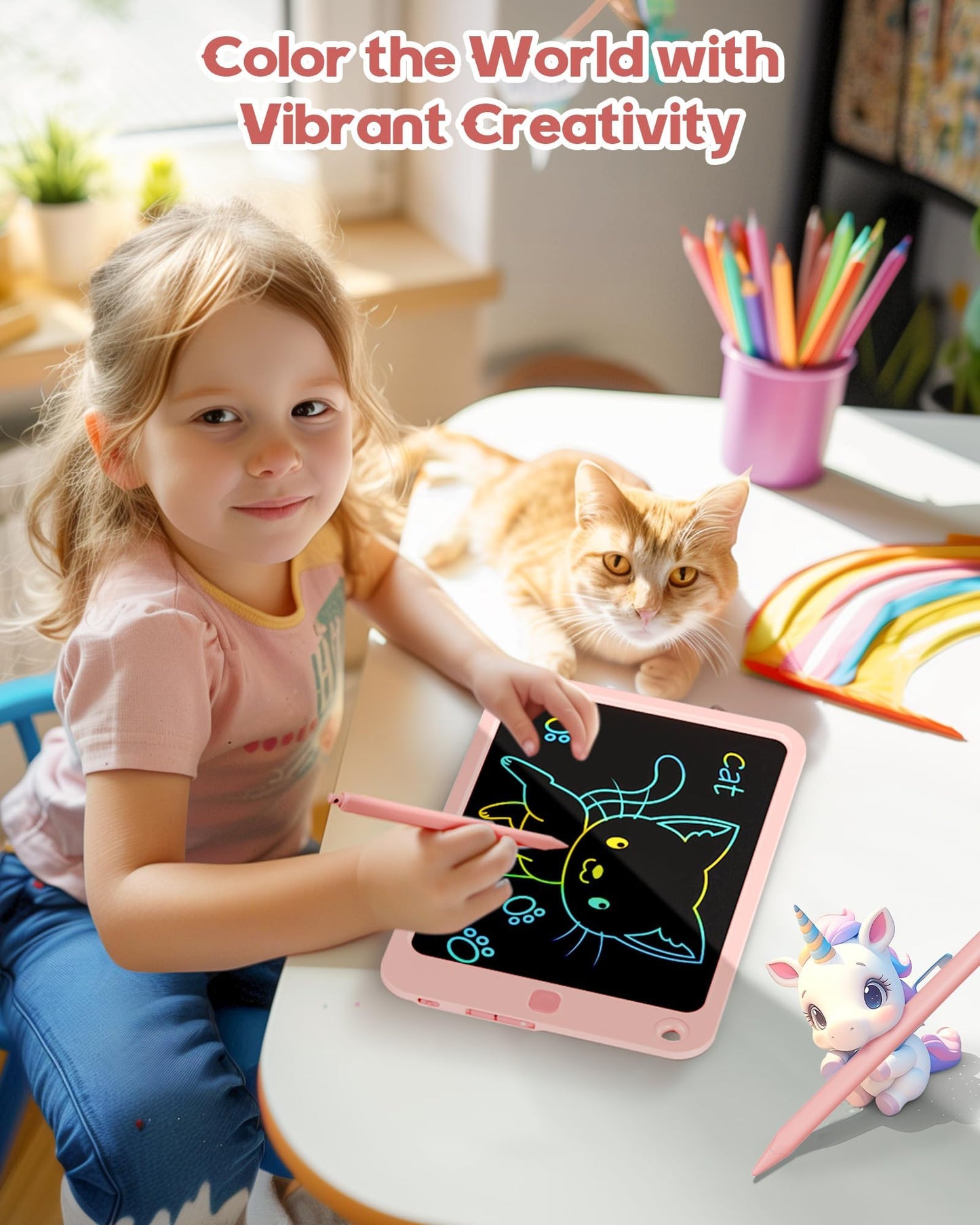 bravokids 10 Inch Drawing Tablet for Girls, Colorful LCD Writing Tablet for Kids, Erasable Drawing Pad for Toddler, Learning Pai