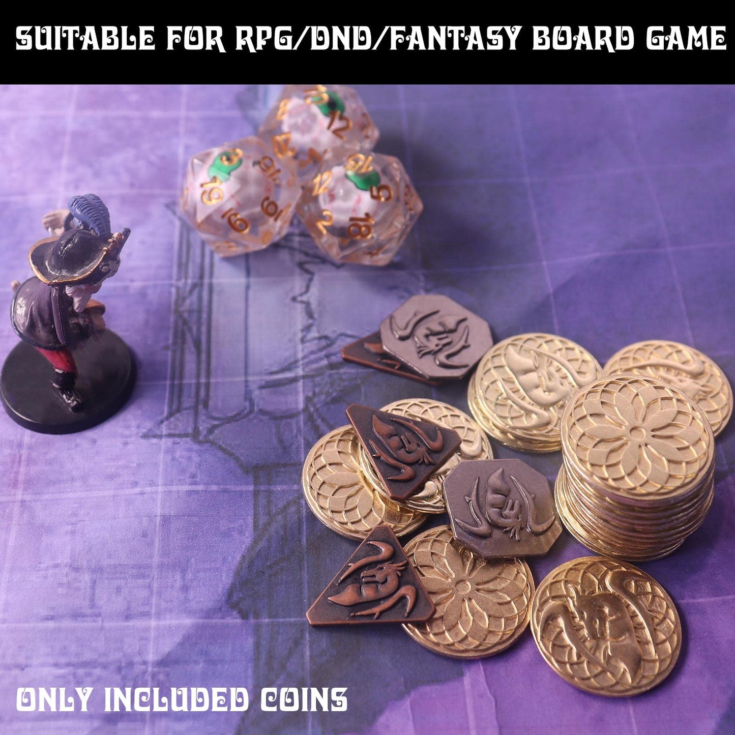 70Pcs Metal Dnd Coins & Pu Leather Bag, Contains 30 Gold, 20 Silver & 20 Copper Coins, Fantasy Board Game Tokens With Retro Leat