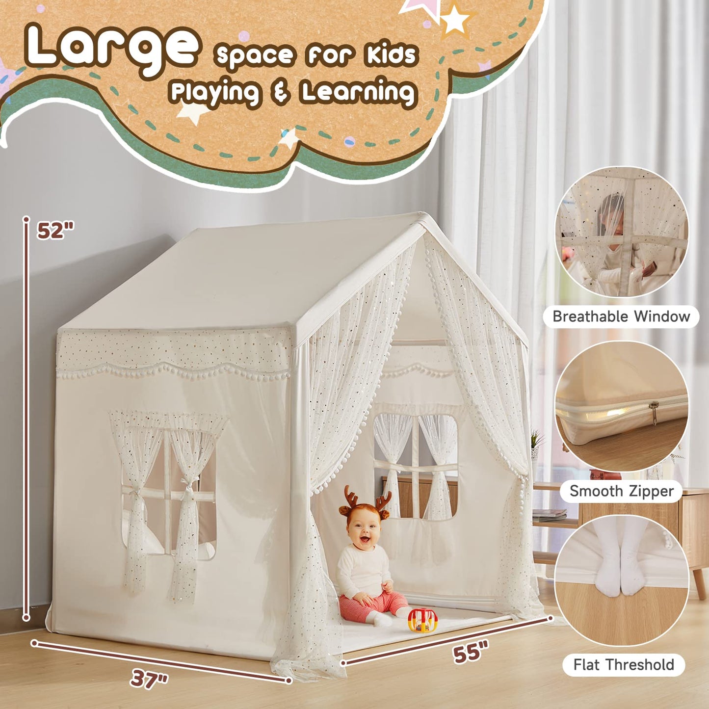 LOAOL Play Tent for Kids - Large Beige Cotton Castle Tent with Star Lights, Sequin Decor, Front & Rear Doors for Indoor/Outdoor Fun