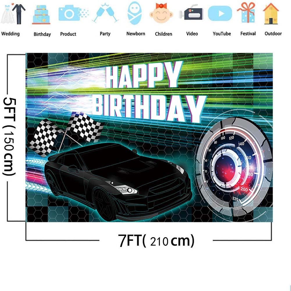 MEHOFOND Racing Birthday Backdrop, 7x5ft Vinyl Party Decor, Black Race Car Theme for Boys