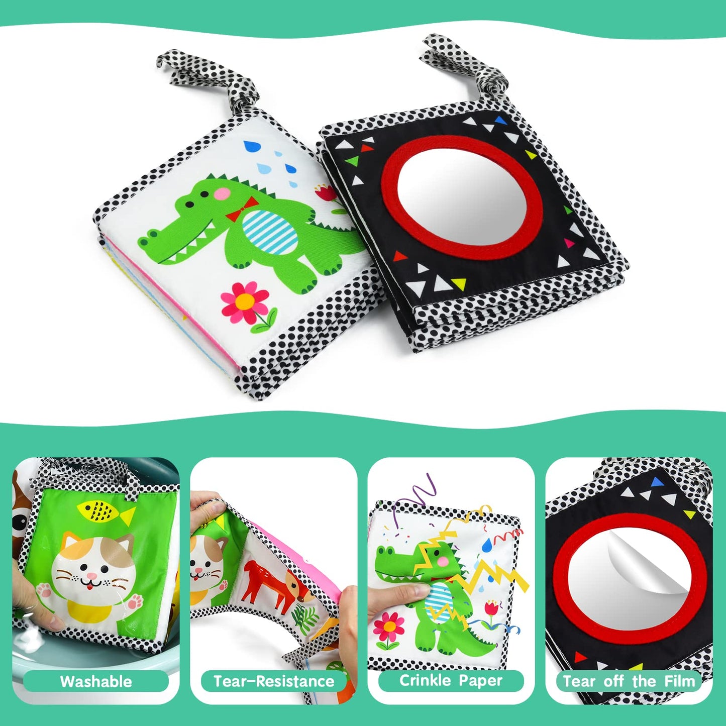 Okooko Black And White High Contrast Soft Baby Books 2Pcs Washable Tummy Time Toy Crib Stroller Toy Montessori Sensory Toy Early