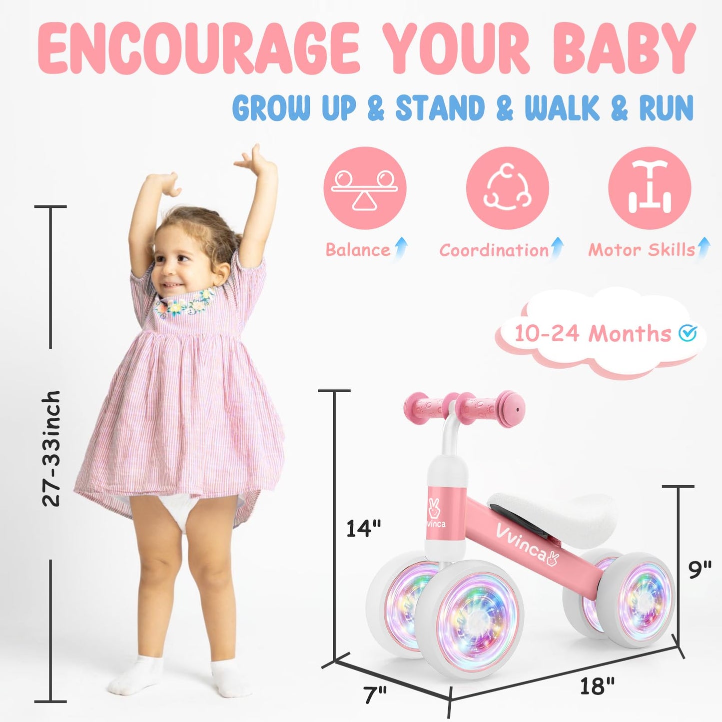 Vvinca Baby Balance Bike For 1 Year Old Girl Gifts, 4 Colorful Lighting Silent Wheels, 10-24 Month Toddler Soft Seat Balance Bik