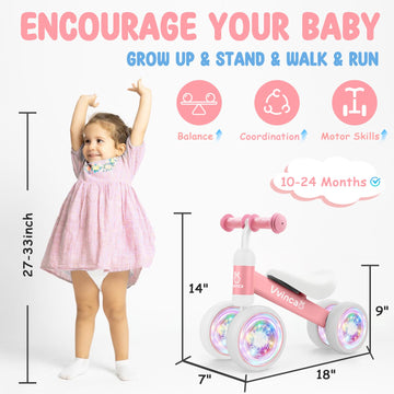 Vvinca Baby Balance Bike For 1 Year Old Girl Gifts, 4 Colorful Lighting Silent Wheels, 10-24 Month Toddler Soft Seat Balance Bik