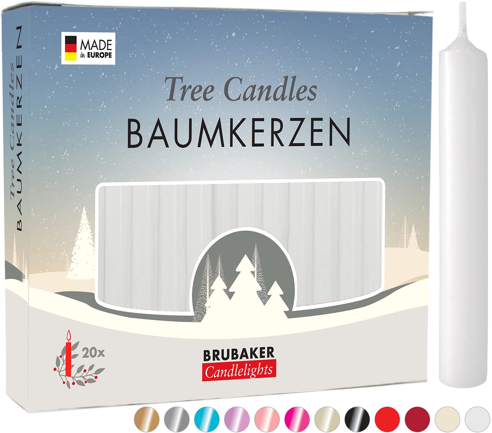 BRUBAKER Tree Candles - Pack of 40 - White - 3 x  Inches - Made in Europe - Christmas Wax Candles for Pyramids, Carousels & Chim