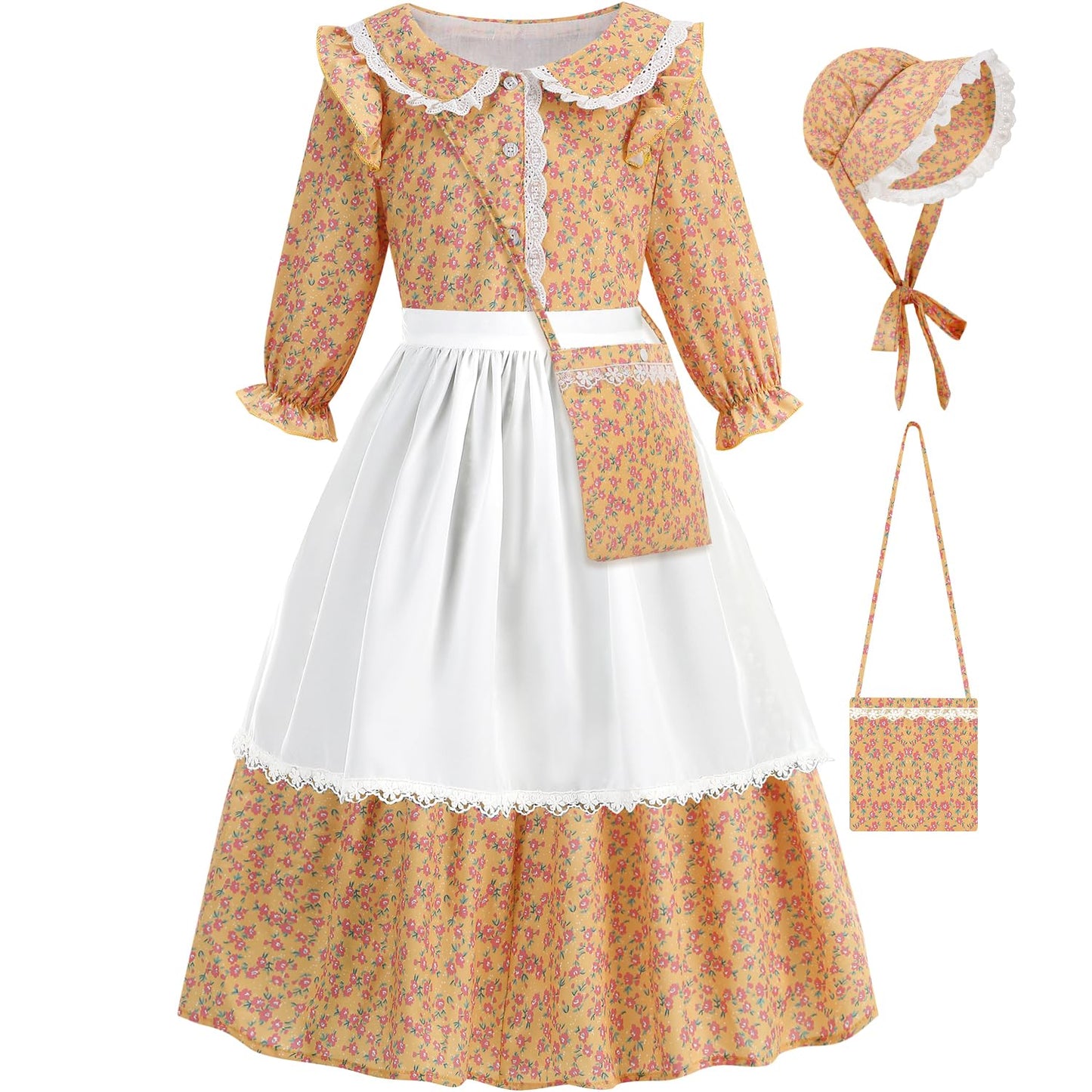 Aoiviss Girls Pioneer Costume Floral Colonial Prairie Dress for Little Kids with Apron and Bonnet, Yellow
