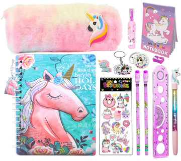 Neel 13Pcs Unicorn Stationery Gift Set For Kids Fur Pencil Case Pouch With B5 Size Diary & All Stationeries Party Favor Return 
