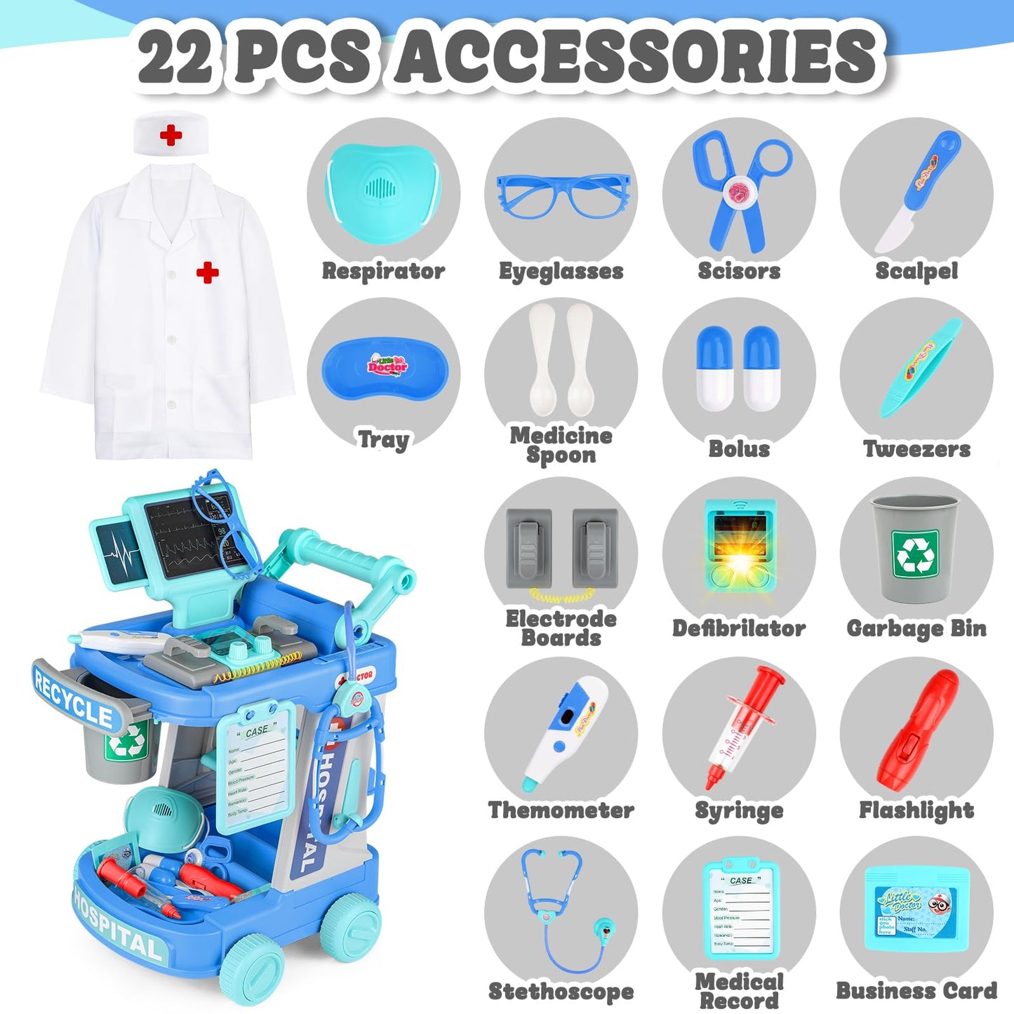 deAO Doctor Cart Kit for Kids Toy Pretend Playset with Doctor Costume Stethoscope and Medical Instruments Role Play Mobile Medic