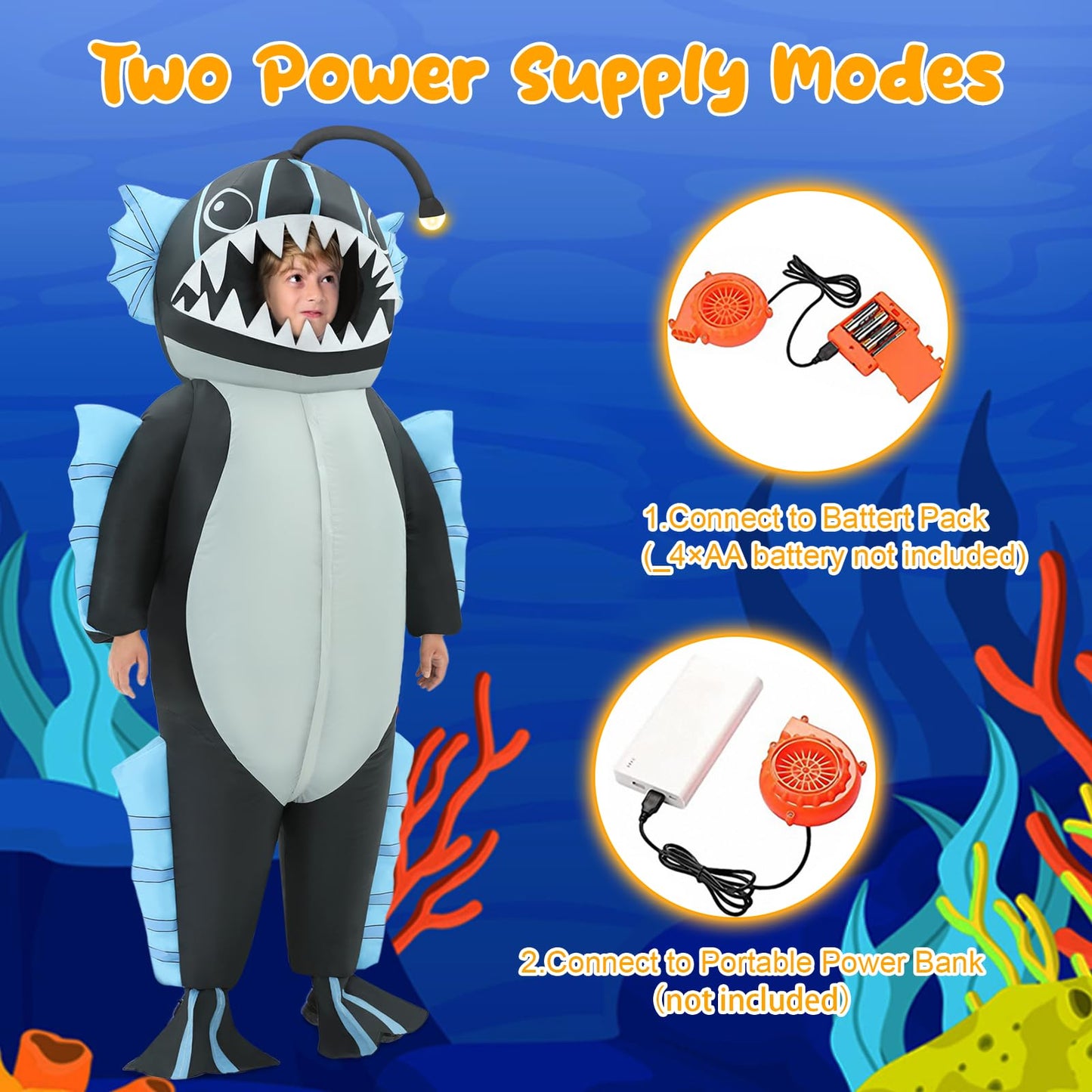 WQWOVRVO Inflatable Anglerfish Costume for Kids, Large, Multicolor, Polyester, Funny Halloween Blow Up Outfit