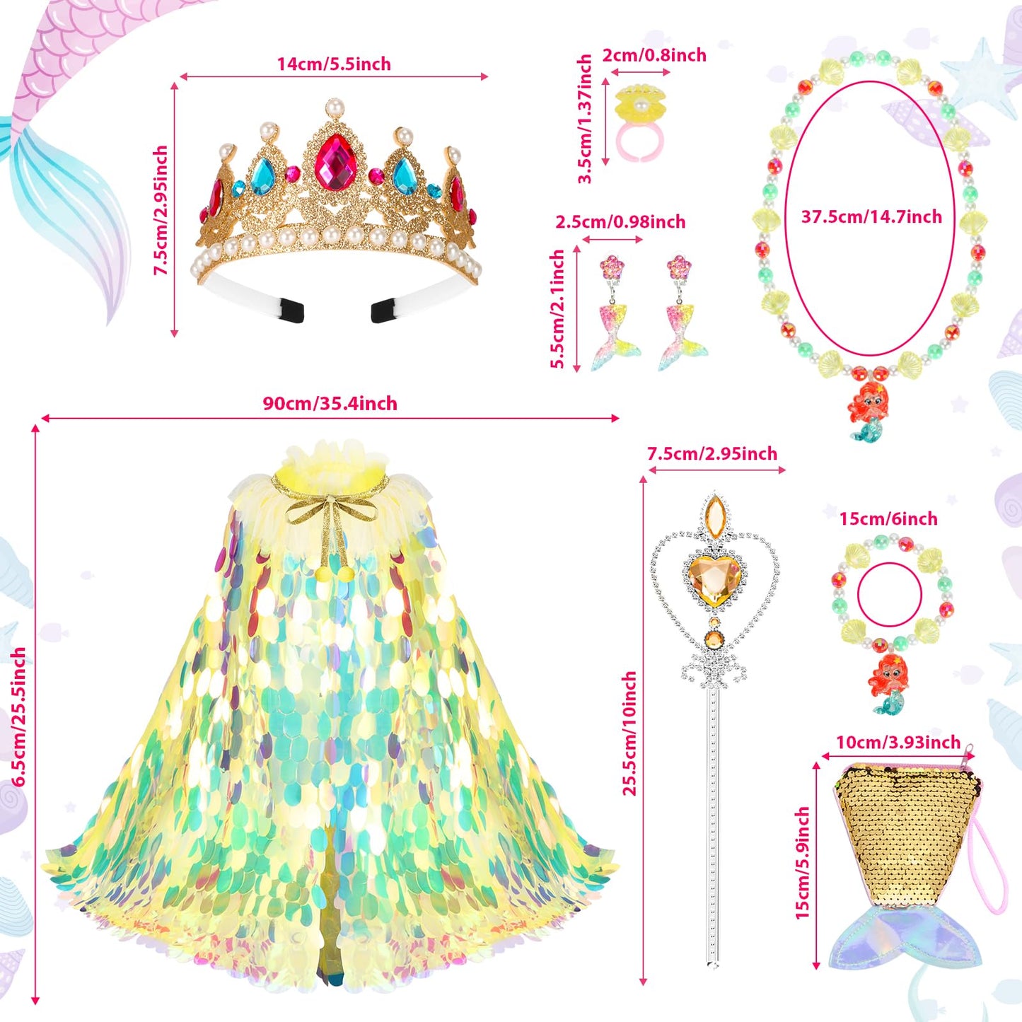 Limiroler Princess Dress Up Toys Princess Dress Up Clothes Rainbow Mermaid Cape Kit 9 Pcs Gift Set For Little Girls 3-8 Years (R