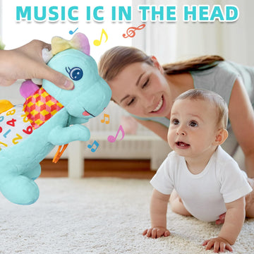 Baby Dino Musical Stuffed Animal Toys For 0-3-6-9-12 Months,Infant Dinosaur Tummy Time Toys With Crinkle Sound Paper,Teether,Tex
