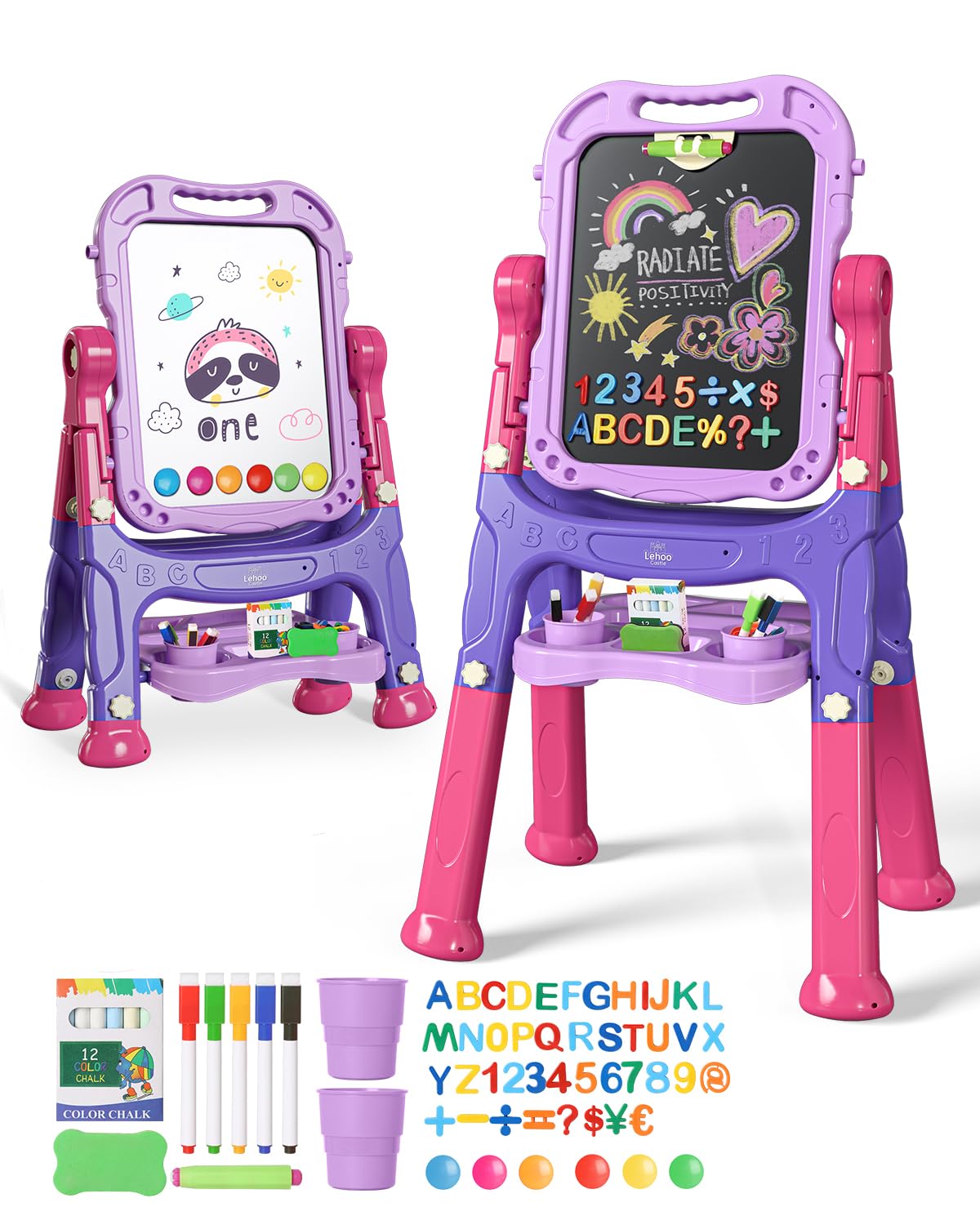 Lehoo Castle Easel for Kids, 4 in 1 Double Sided Kids Art Easel with Magnetic White Board & Chalk Board, Adjustable Standing Tod