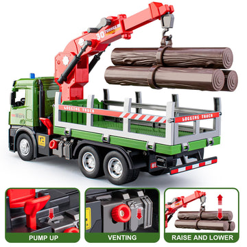 HAPYAD Timber Truck Toy Metal Cab, Friction Powered Timber Truck with Fully Functioning Loading Crane and 3 Loadable Trunks, Big