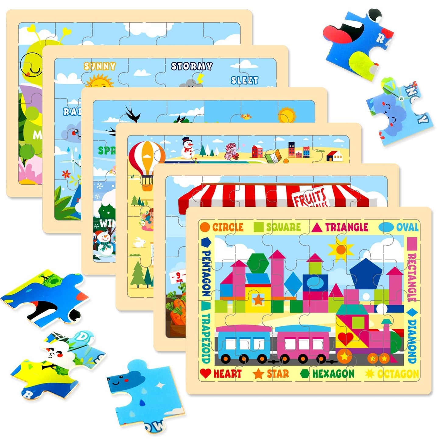 EggSun Christmas Wooden Puzzles for Toddlers 3-5 6 Packs 24Pcs Jigsaw Wooden Number Shape Puzzles for Ages 4-8 Preschool Educational Brain Toys Gifts for Boys and Girls 2 4 3 5 Year Old(Season)