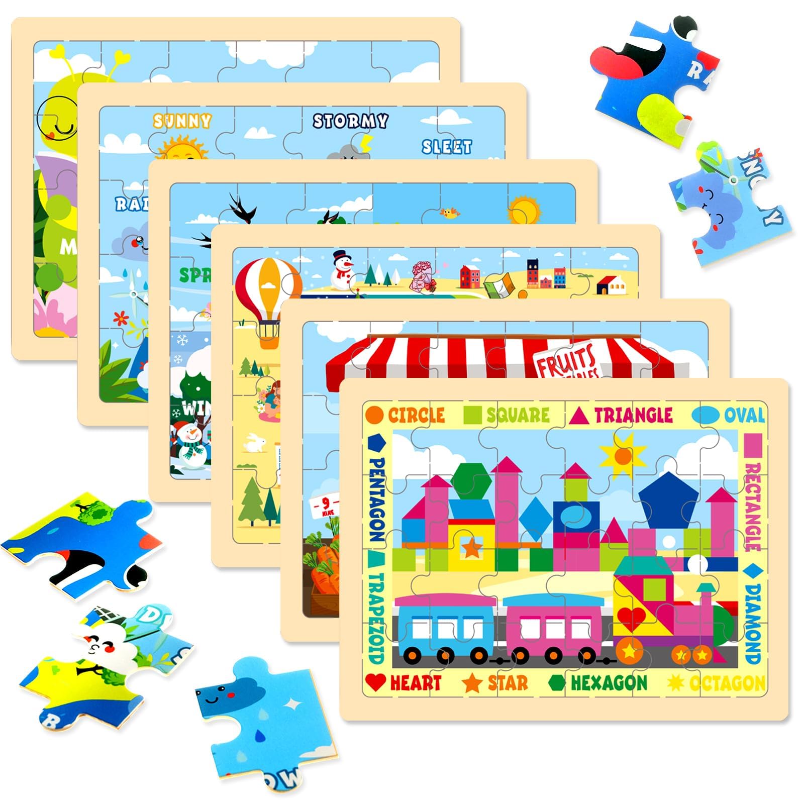 EggSun Christmas Wooden Puzzles for Toddlers 3-5 6 Packs 24Pcs Jigsaw Wooden Number Shape Puzzles for Ages 4-8 Preschool Educational Brain Toys Gifts for Boys and Girls 2 4 3 5 Year Old(Season)