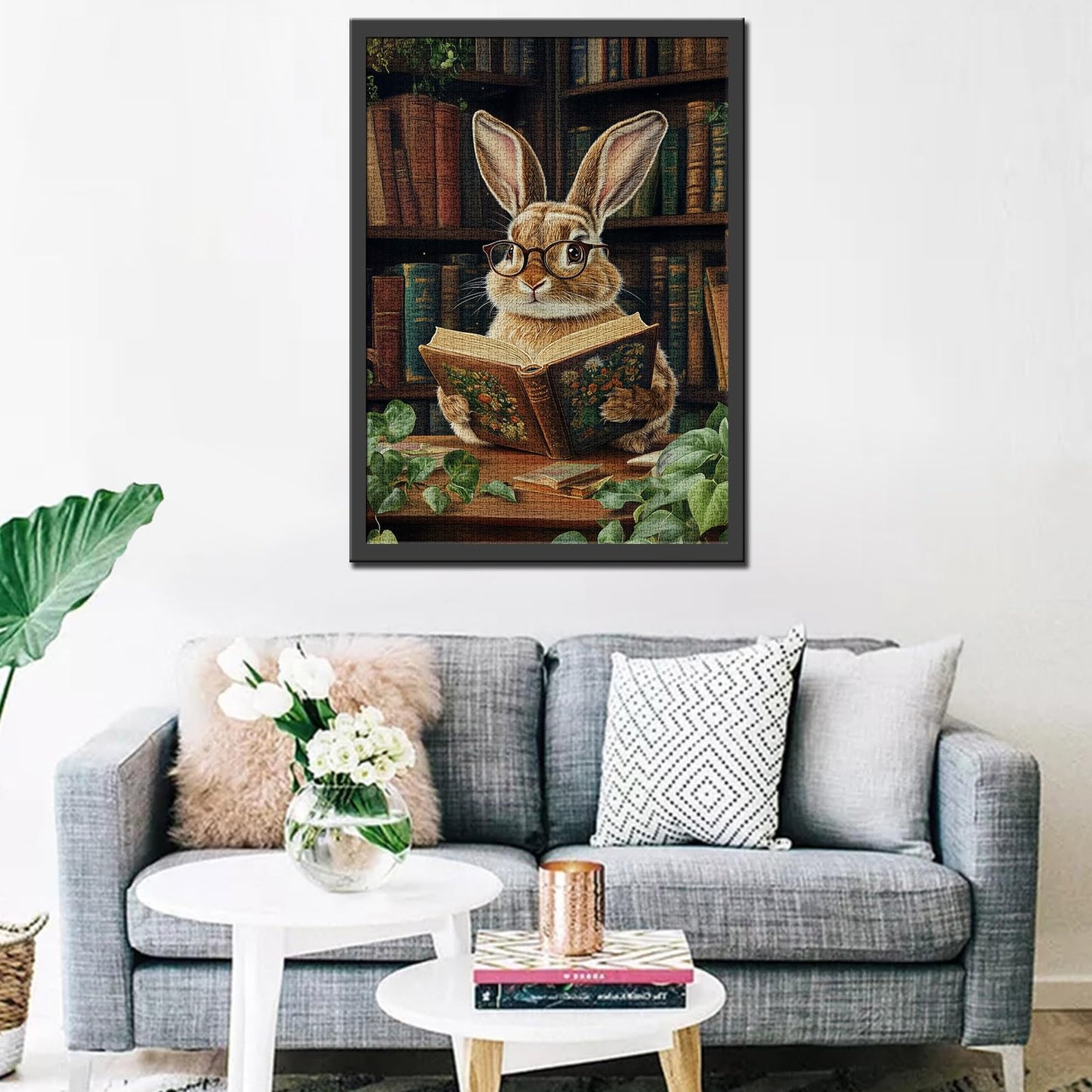 The Rabbit Wearing Glasses Puzzles for mature-themeds 1000 Pieces Retro Library Jigsaw Puzzle for mature-themed Collection Cute Bunny Reading Books Jigsaw Puzzles as Gift for Animal Lovers