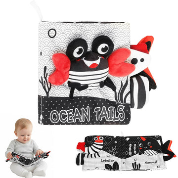 Snowie Soft Baby Cloth Book Black And White High Contrast 3D Tailed Ocean Animal Themed Squeaky Cloth Sensory Book Toy With Hang