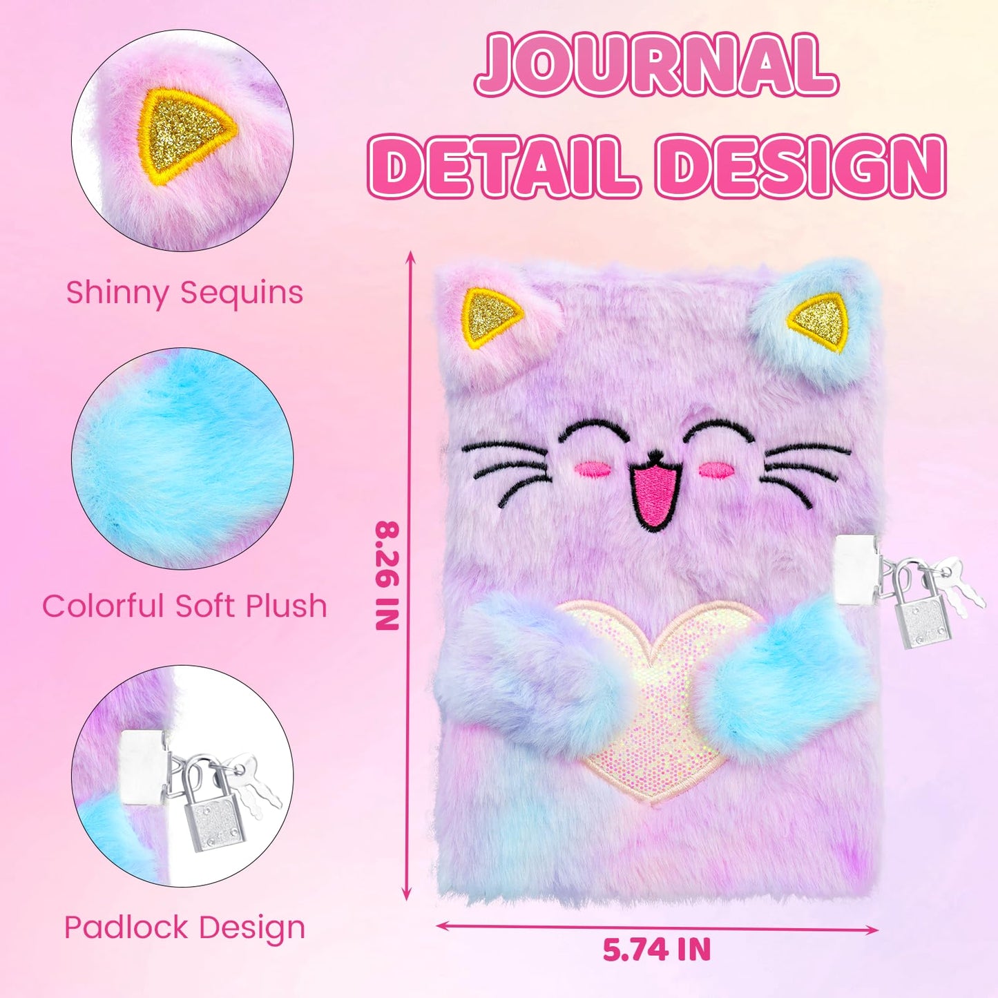 HoomTop DIY Cat Journal Kit Kids Diaries with Lock for Girls Ages 6 7 8 9 10 11 12 14 Birthday Christmas Gifts