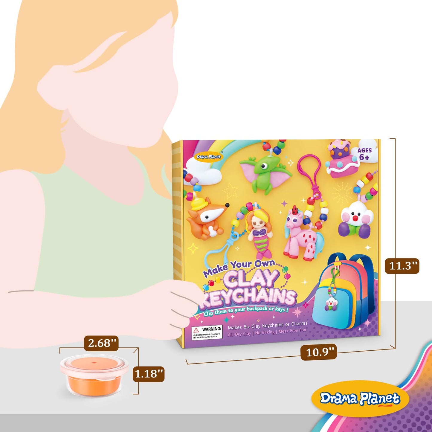 Drama Planet Make Your Own Clay Keychains - Air Dry Clay Craft Kit for Kids Ages 6 and Up, Create 8+ Charms and Bag Decorations,