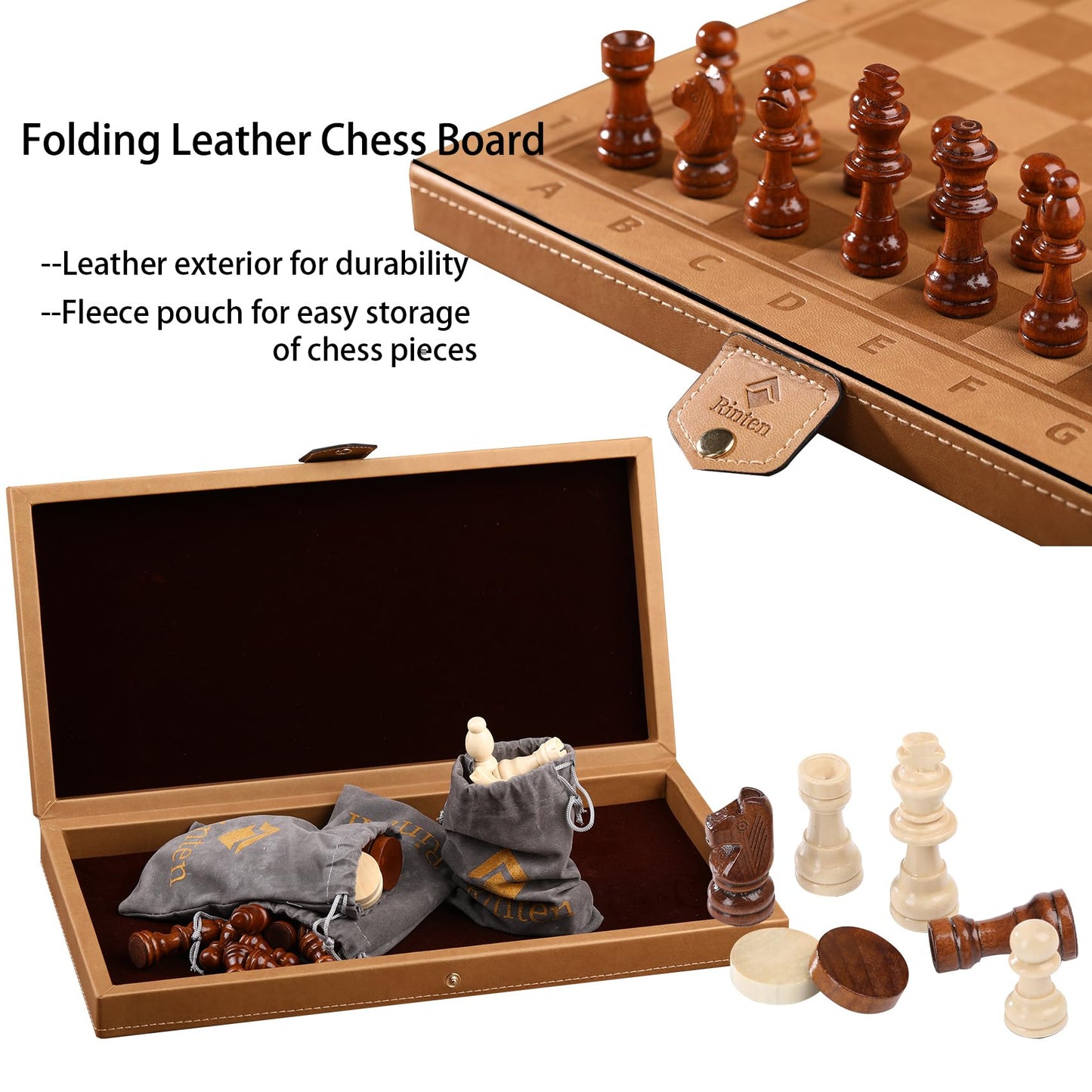 Rinten Chess Set Board For Kids & Adults, 12'' Leather Travel Magnetic Chess & Checkers Folding Board 2 In 1 Sets, Portable Fold