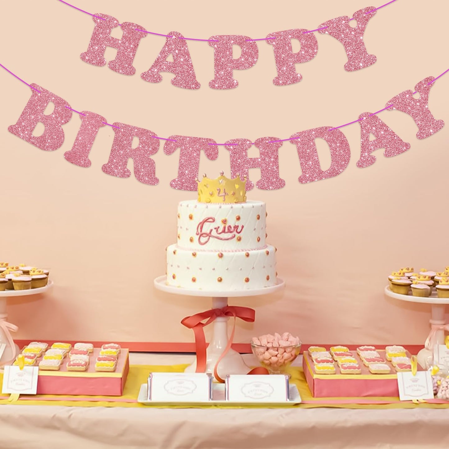 Glitter Rose Gold Birthday Banner Sign With Shiny Letters, Glitter Happy Birthday Bunting Banner Flag Garland For Kids Boys Baby Birthday Party Decorations Supplies