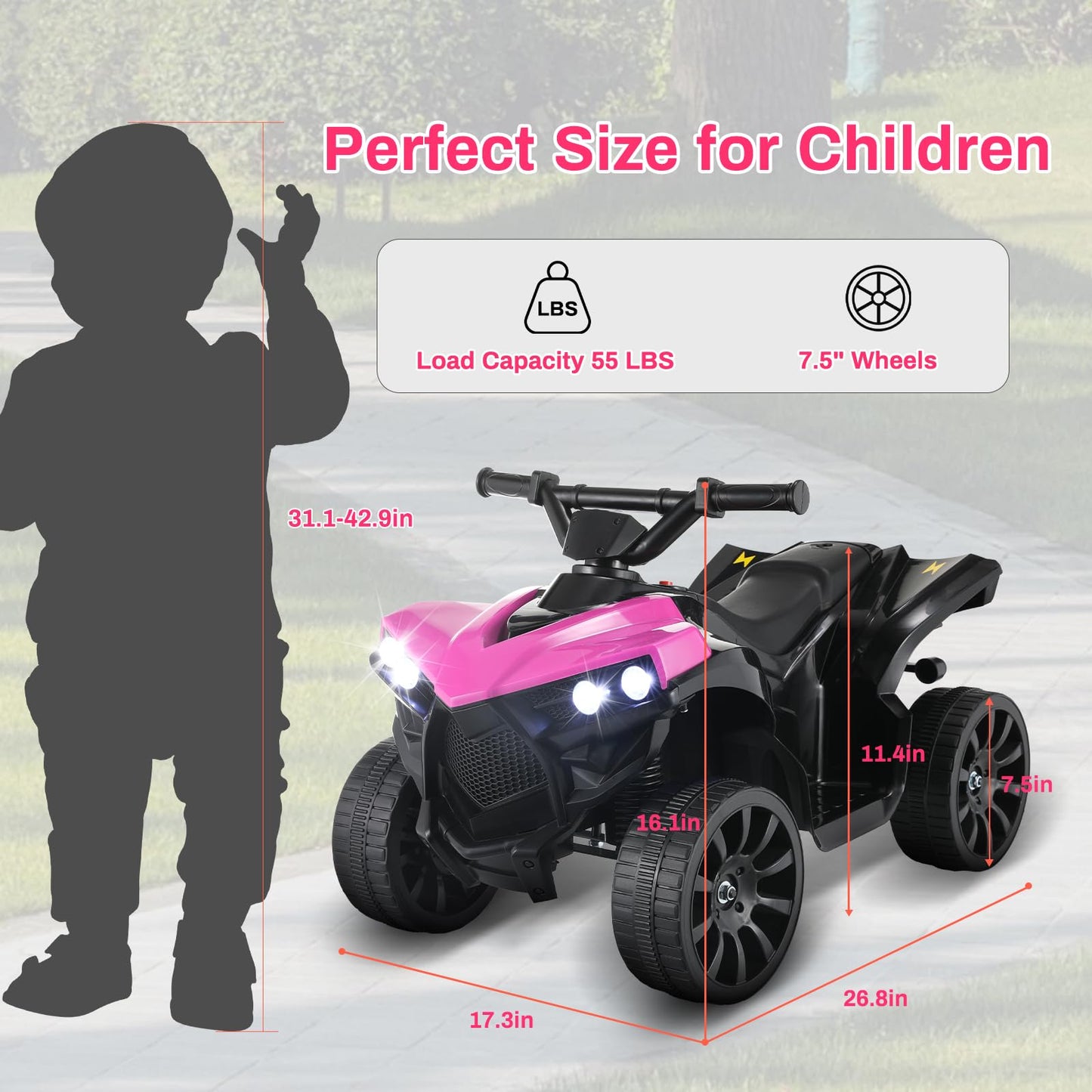 Arlopu 6V Kids Ride On Toy, 4-Wheeler Quad ATV Play Car w/1.86MPH Max Speed, Treaded Tires, Rubber Handles, Music, Headlights, P