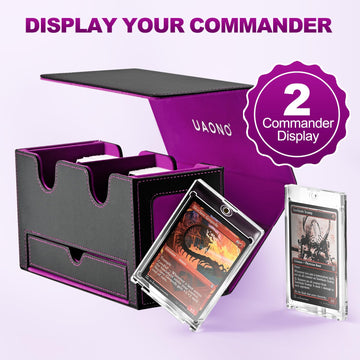 UAONO MTG Card Deck Box - Double Storage for 200+ Cards, Faux Leather, Black & Purple with Dice Tray