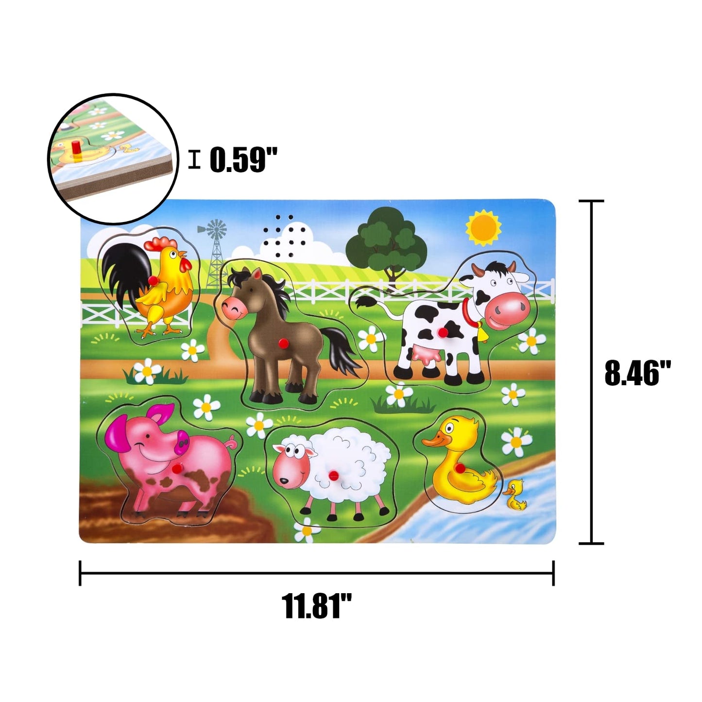 Farm Animals Sound Puzzle, Wooden Peg Puzzles With Sound For Toddlers And Preschoolers Ages 2Yrs+, Kids Educational Learning Peg Puzzles Toy Gift (6Pcs)