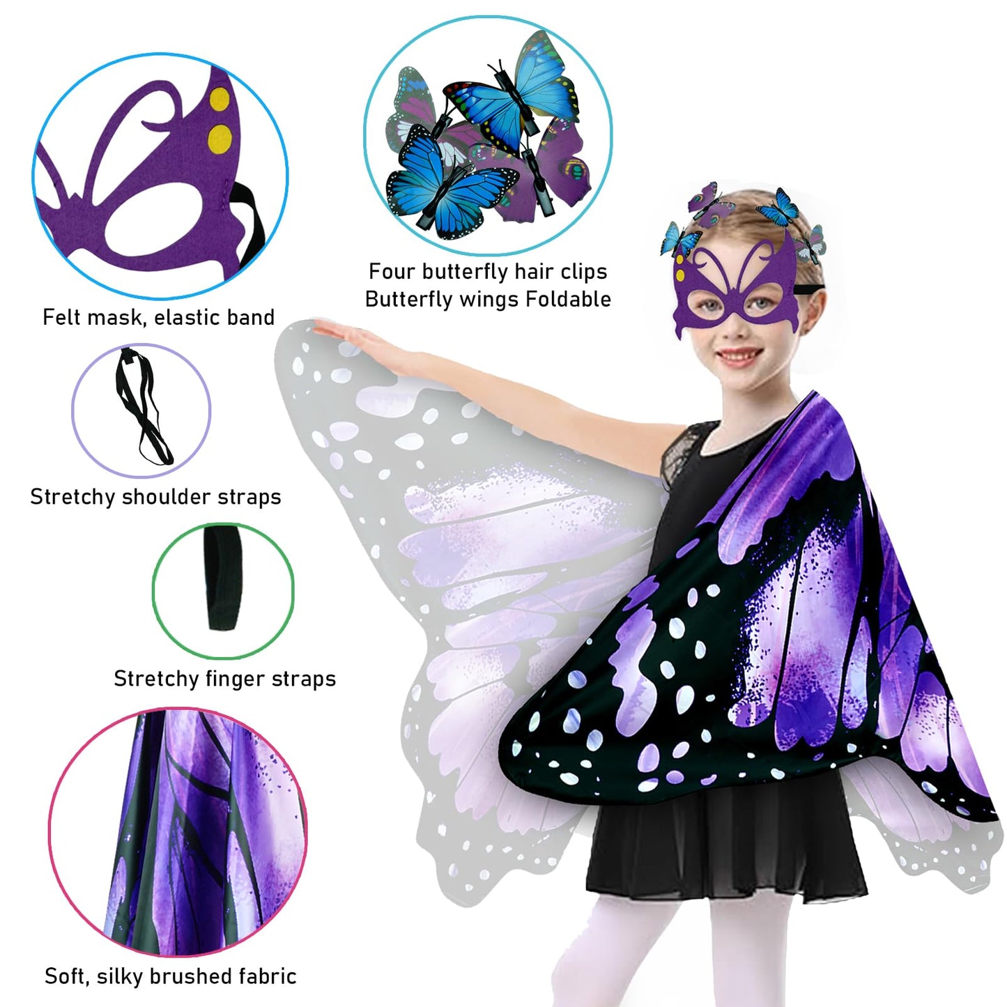 Sunlisky Kids Butterfly Wings Costume for Girls Fairy-Wings Mask Party Favors Gifts (Purple sets)