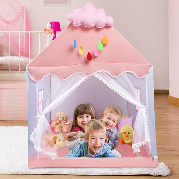 Kids Tent Play Tents For Toddler Children Indoor And Outdoor Large Pink Girls Princess Playhouse Castle With Windows Clouds And