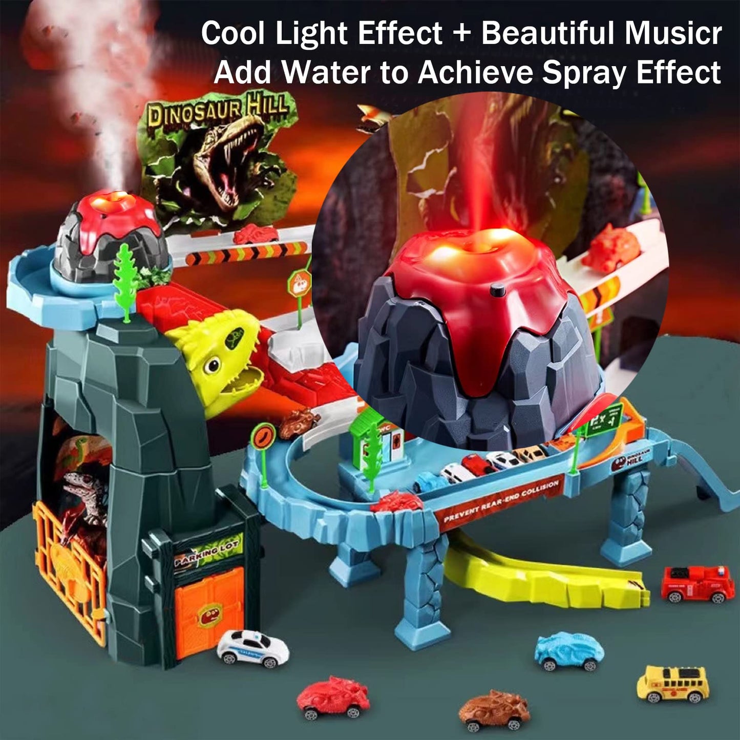 Juqic Children's Toy Car Ramp Track Dinosaur Spray Hills Adventure Railcar Slot Car Vehicle Race Play Set with 20 Mini Cars for
