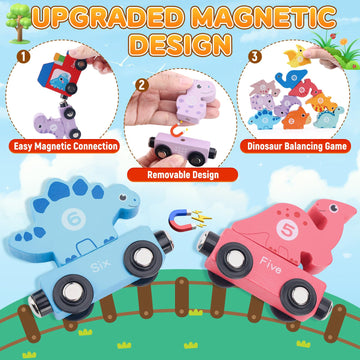 Crelloci 22Pcs Magnetic Wooden Train Set, Dinosaur Toys With Playmat/Storage Bag, Montessori Educational & Preschool Learning Car Toys, Gift For Toddlers, Boys, Girls