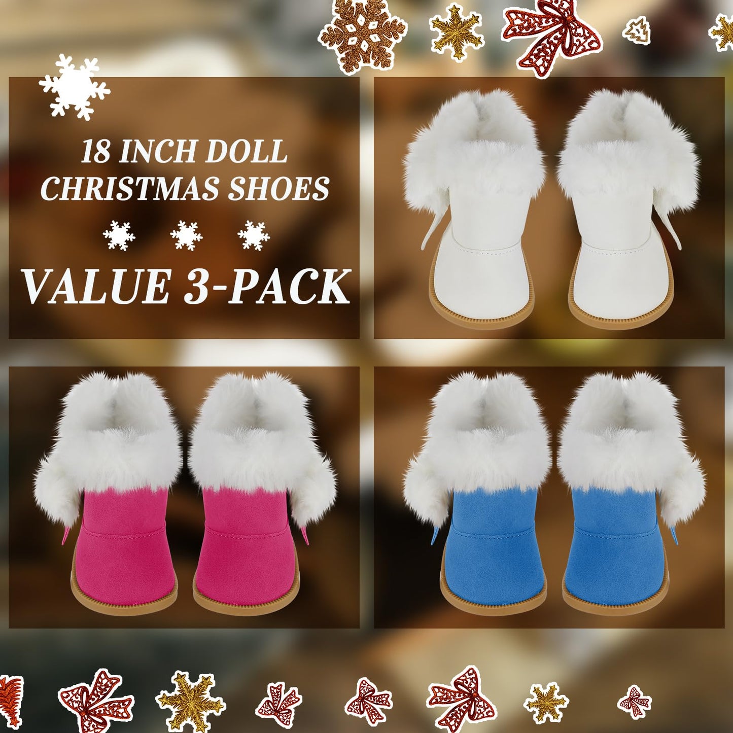 Bencailor 3 Pairs 18 Inch Doll Shoes Boots Dolls Snow Boots Accessories For 18 Inch(Blue White Rose Red)