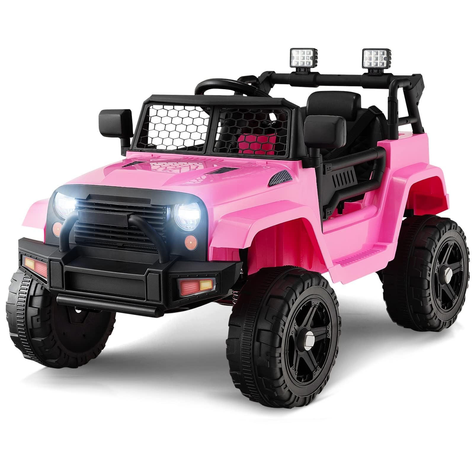 OLAKIDS Kids Ride On Truck  12V Electric Vehicle Jeep Car with Remote Control  Toddlers Battery Powered Toy with 2 Speeds  Spring Suspension  Double Open Doors  LED Lights  Music  TF  USB  Mp3 (Pink)