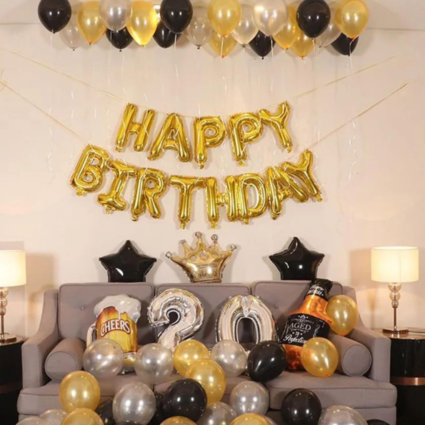 Happy Birthday Balloons Banner, Gold Happy Birthday Foil Balloons 16 Inch Mylar Foil Letter Balloons With 8 Pcs Black Gold Star