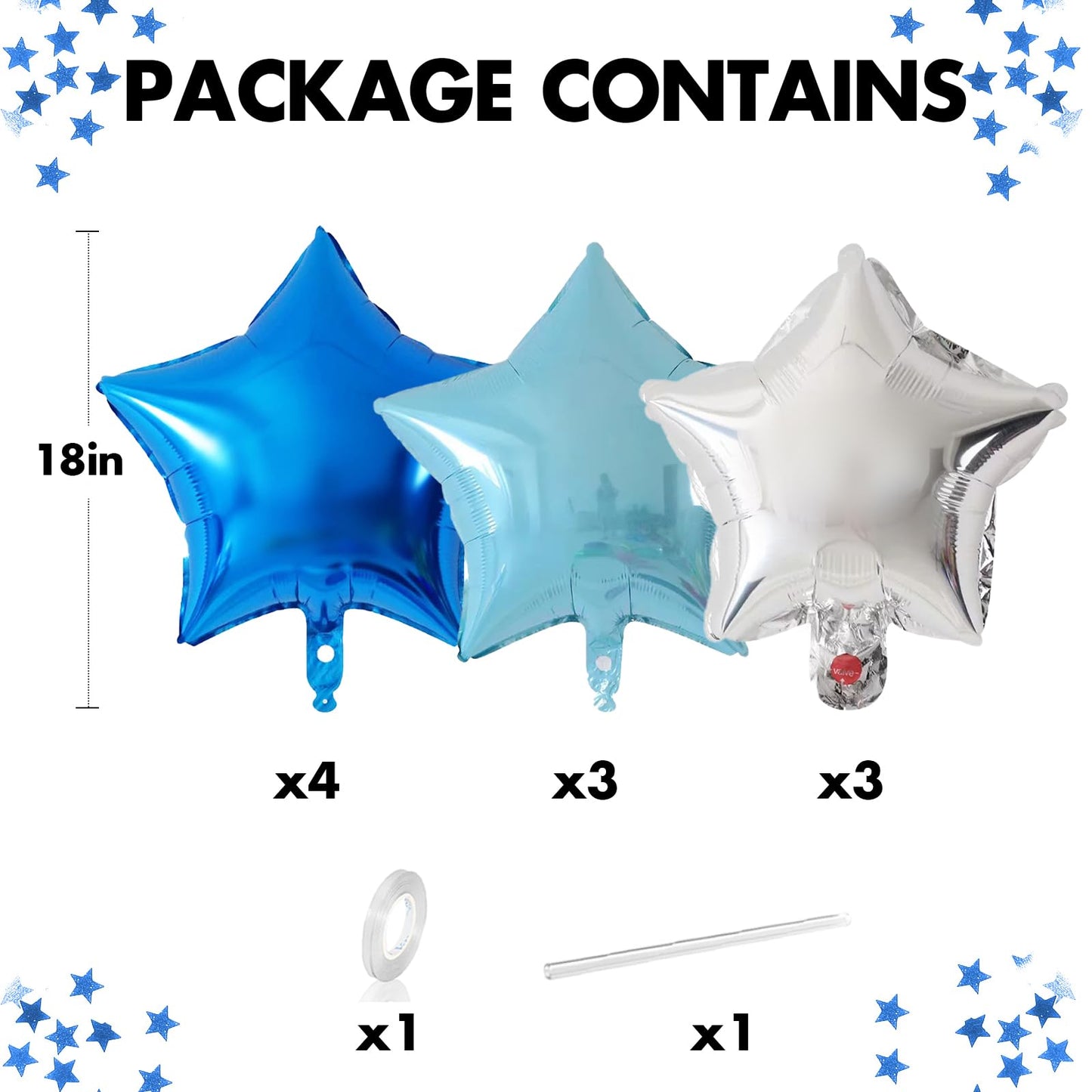 Blue Silver Foil Star Balloons, 18 Inches Star Foil Balloons For Helium, 10 Pcs Blue Silver Helium Birthday Balloons, Party Foil