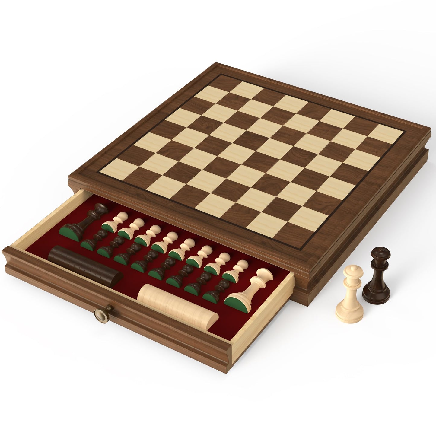 enhanced Natural Walnut 13 x 13 Magnetic Wooden Chess Set with 1 Built-in Storage Drawers - 2 Bonus Extra Queens - 24 Checkers Pieces - Staunton Chess Pieces  Board Games Chess Sets