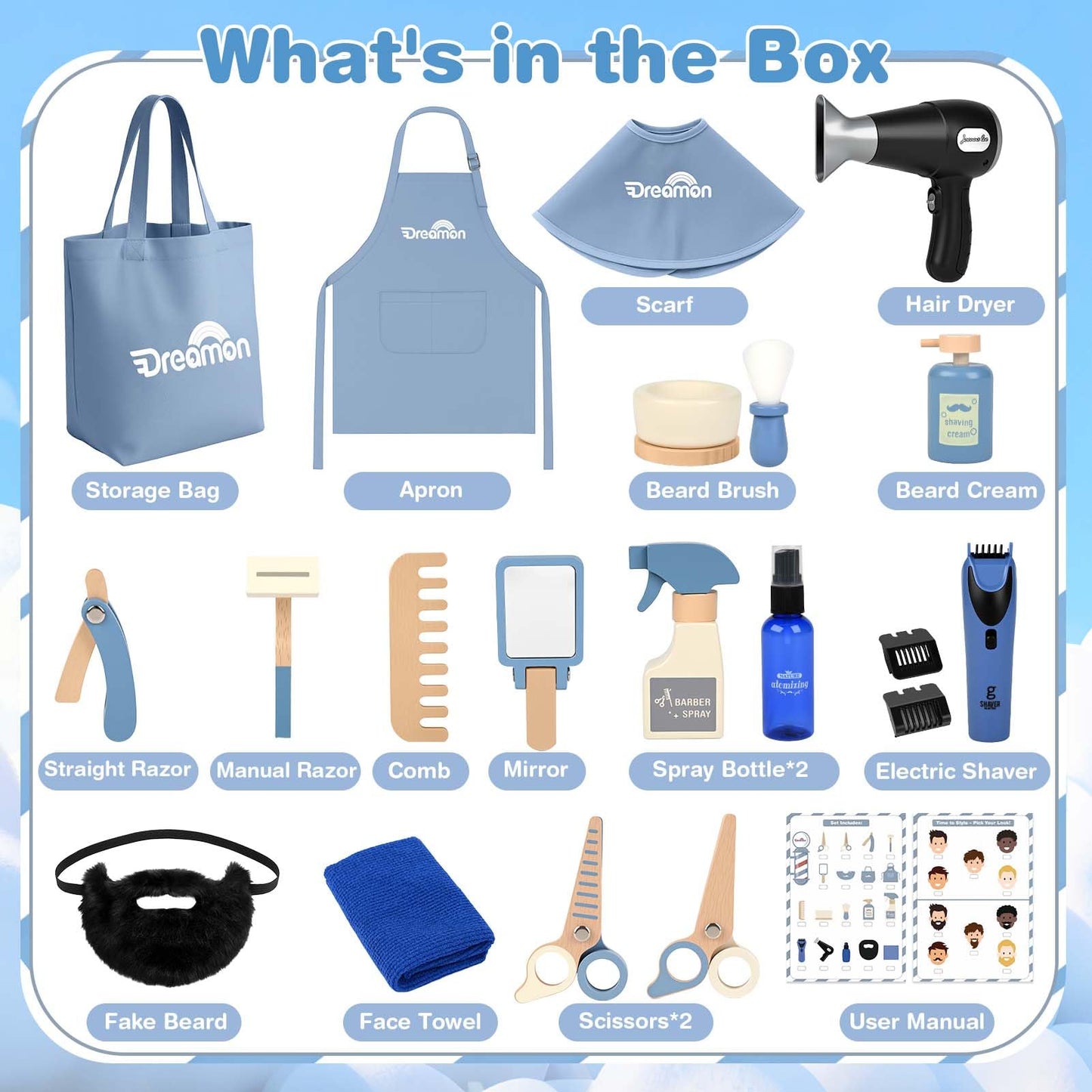 Dreamon Kids Barber Shop Pretend Play Set - Wooden Hair Salon Toys, Child-Size with Beard, Shaver, Dryer & Tool Bag, Model MZ005