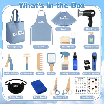 Dreamon Kids Barber Shop Pretend Play Set - Wooden Hair Salon Toys, Child-Size with Beard, Shaver, Dryer & Tool Bag, Model MZ005