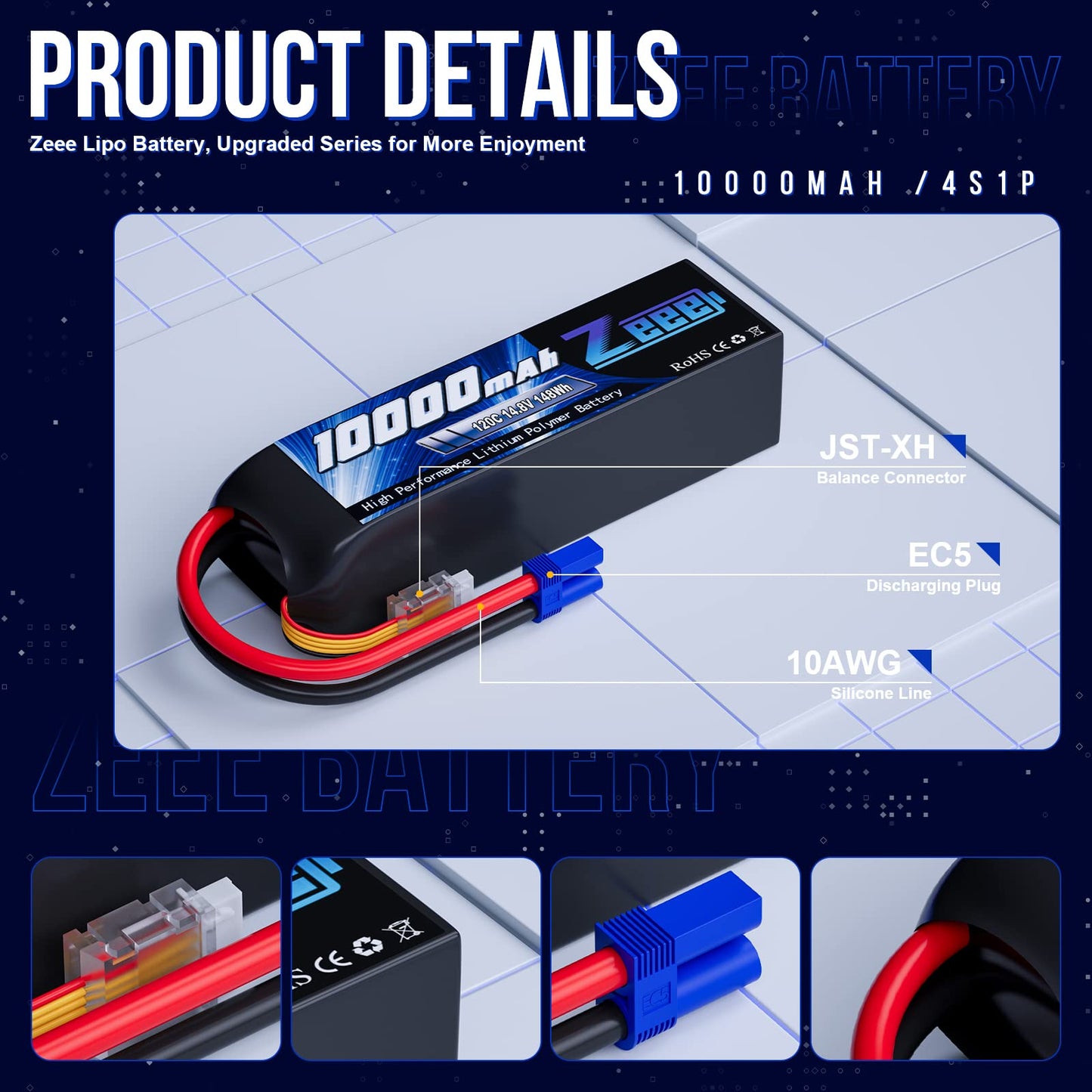 Zeee 4S Lipo Battery 10000mAh 14.8V 120C with EC5 Connector Soft Case RC Battery Compatible with Xmaxx RC Car Truck Tank Racing