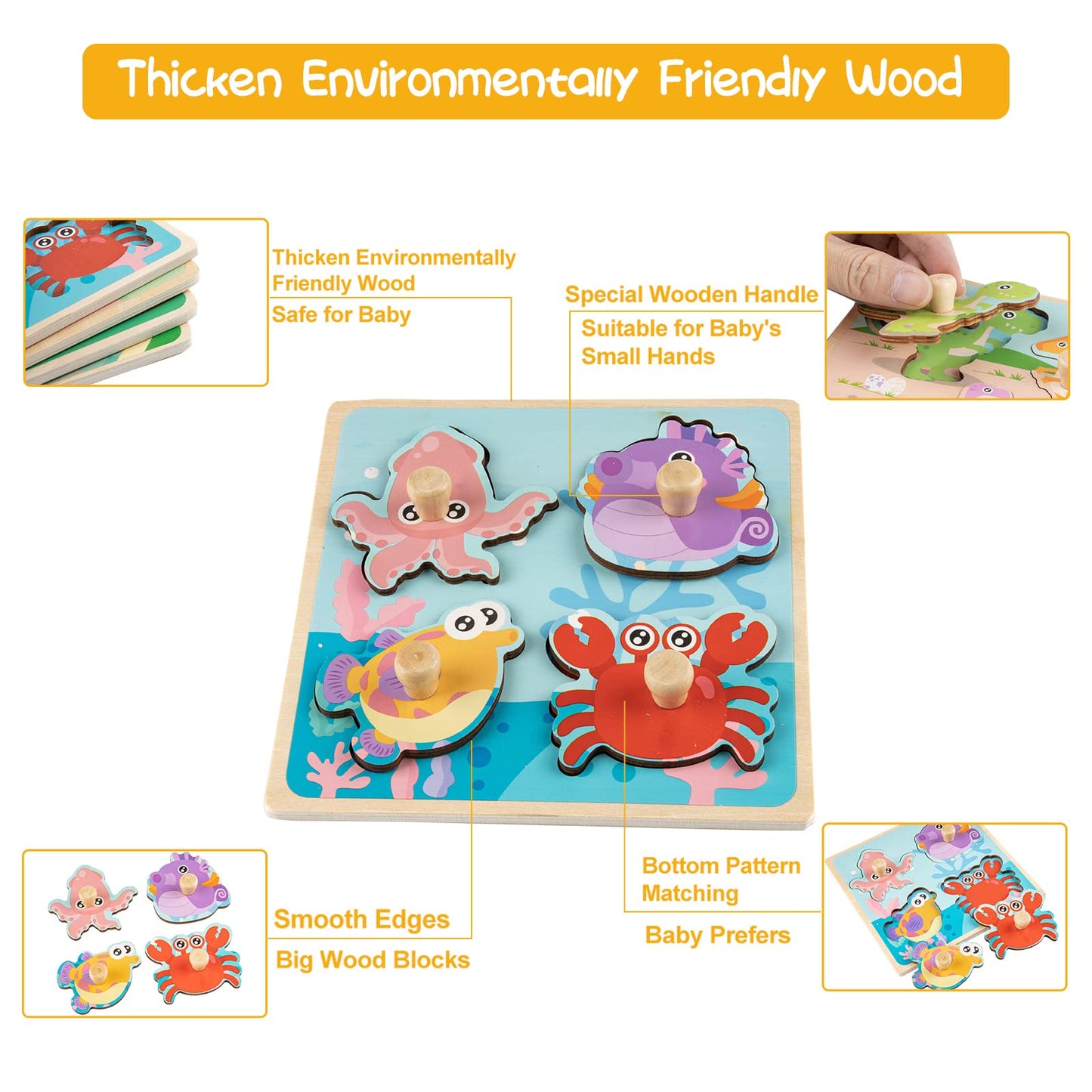 Funsland Wooden Toddler Puzzles - 4 Pcs Eco-Friendly Animal Jigsaw with Handles, Montessori Learning Toys for 1-3 Years Old