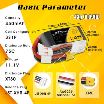 TATTU 11.1V 3S 450mAh 75C LiPo Battery Pack with XT30 Plug(2 Pcs)