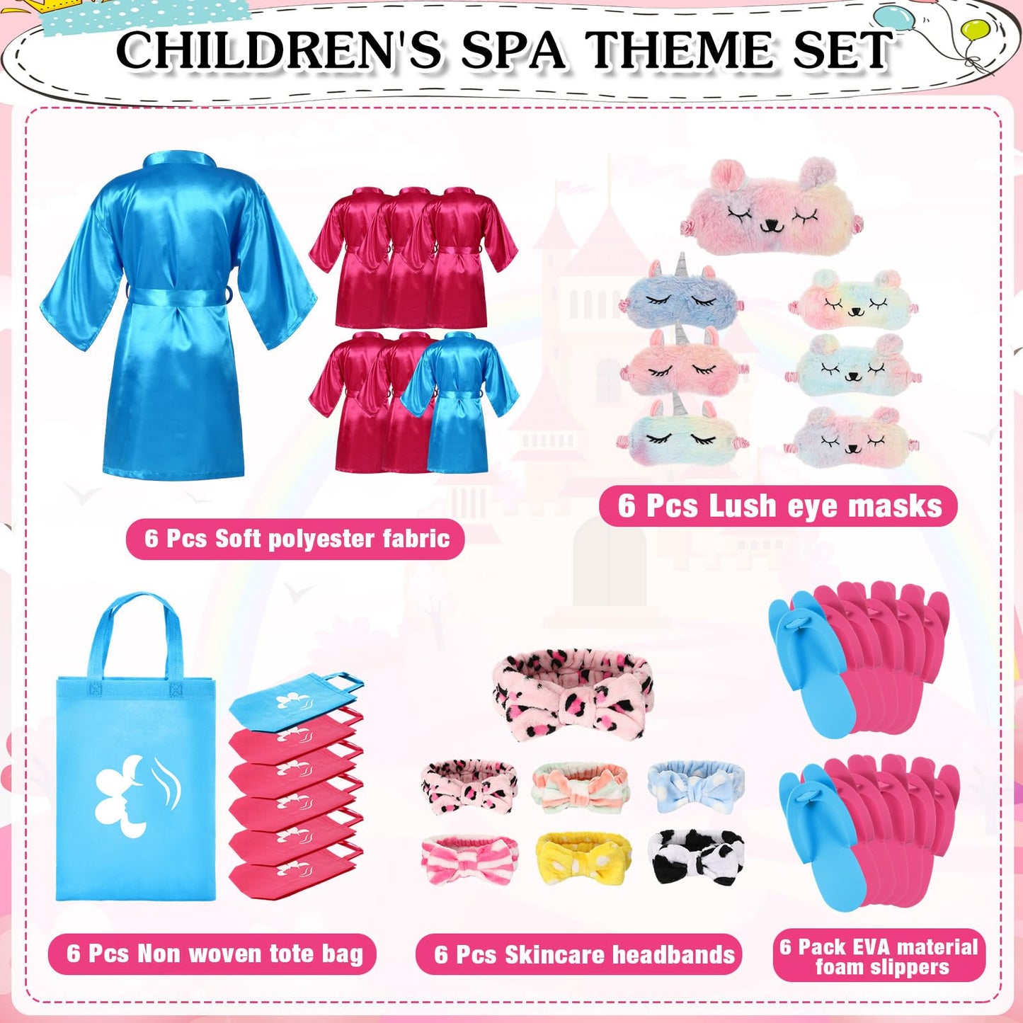 Shihanee 30 Pcs Spa Party Supplies for Girls, 6 Satin Robe 6 Kids Slippers Sleepover Birthday Spa Party Favors (Rose Red, Blue)