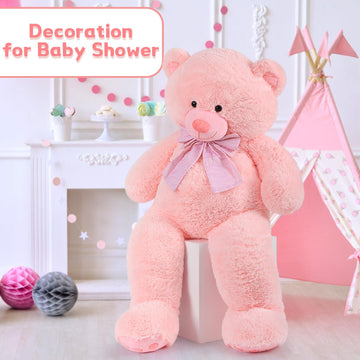 Morismos 5Ft Giant Pink Teddy Bear Stuffed Animal, Large Teddy Bear Plush Toy With Footprints And Bow, Gift For Girlfriend, Wife, Girls At Birthday Valentines, Christmas, Baby Shower Decor