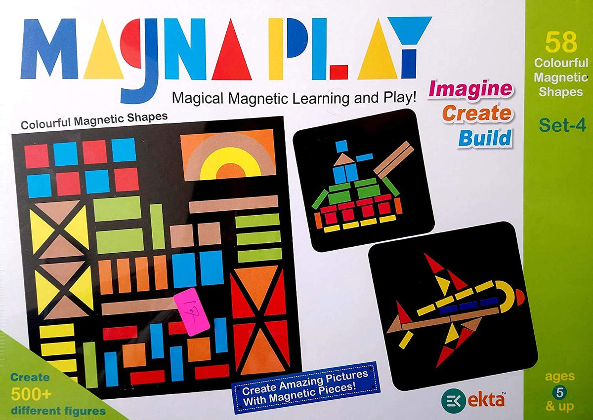 Ekta Magna Play Set 4: 58 Magnetic Shapes, Wooden Display Stand, Puzzle Booklet  Ages 38