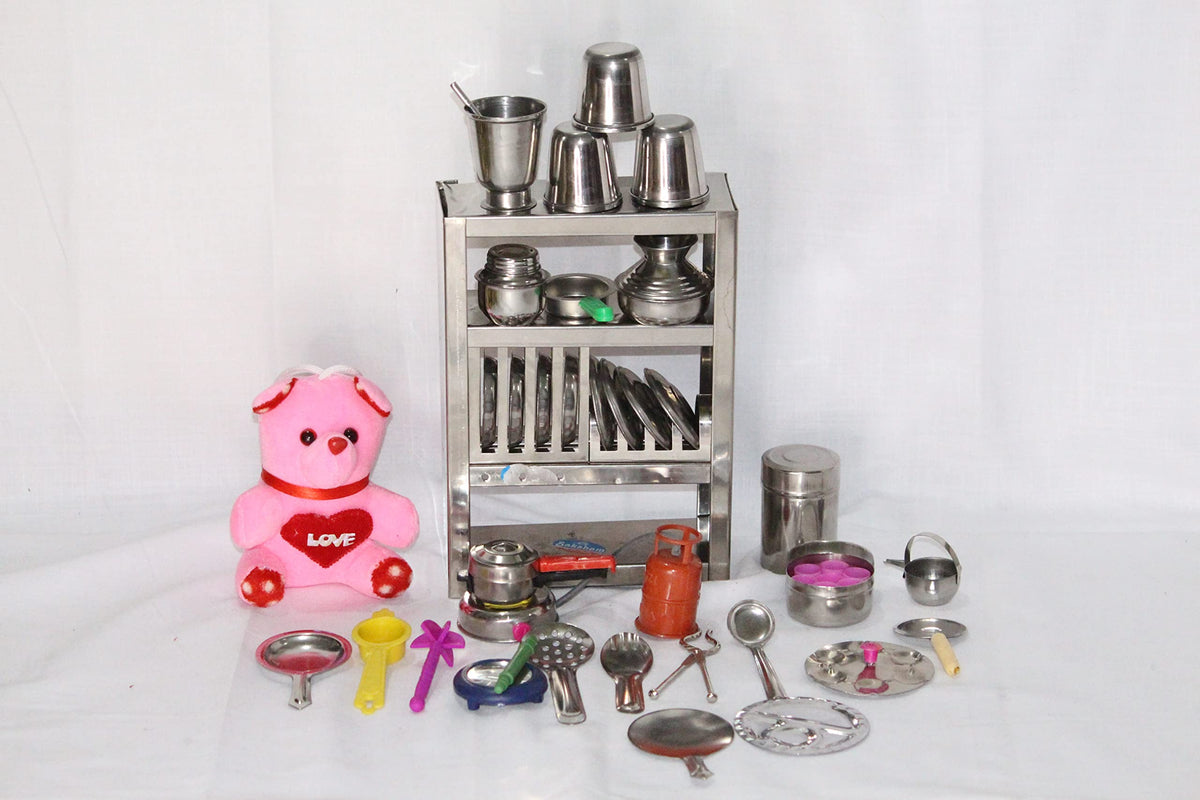 Sanvi Handicrafts Presents Miniature Steel Kitchen Toy Set bhatukali (Kids Toys) Doll, Best for Gift Pretend Play Sets Choppu Ja