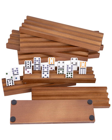 Wooden Domino Racks Set Of 8, Wood Domino Tiles Trays, Domino Holders Organizer For Mexican Train And Other Domino Games-Dominos